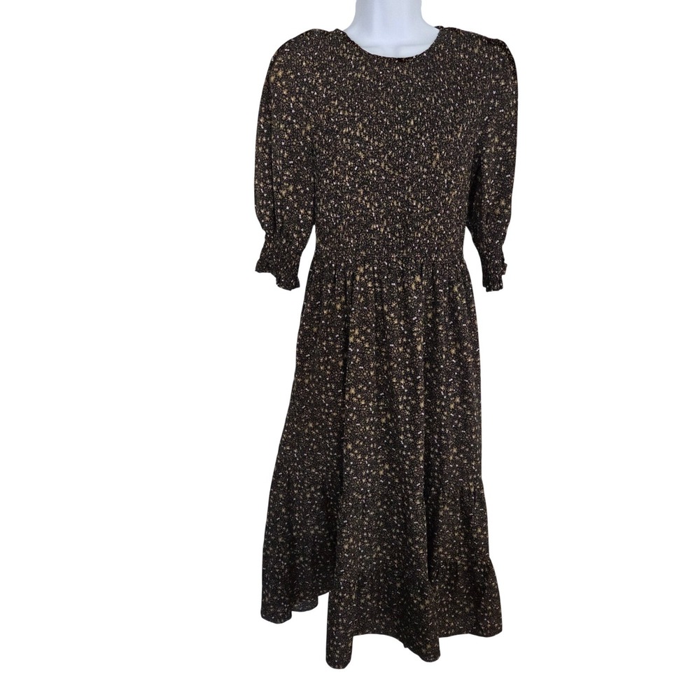 Baltic Born S Smocked‎ Midi Dress Brown Floral Tiered Puff Sleeve Cottagecore
